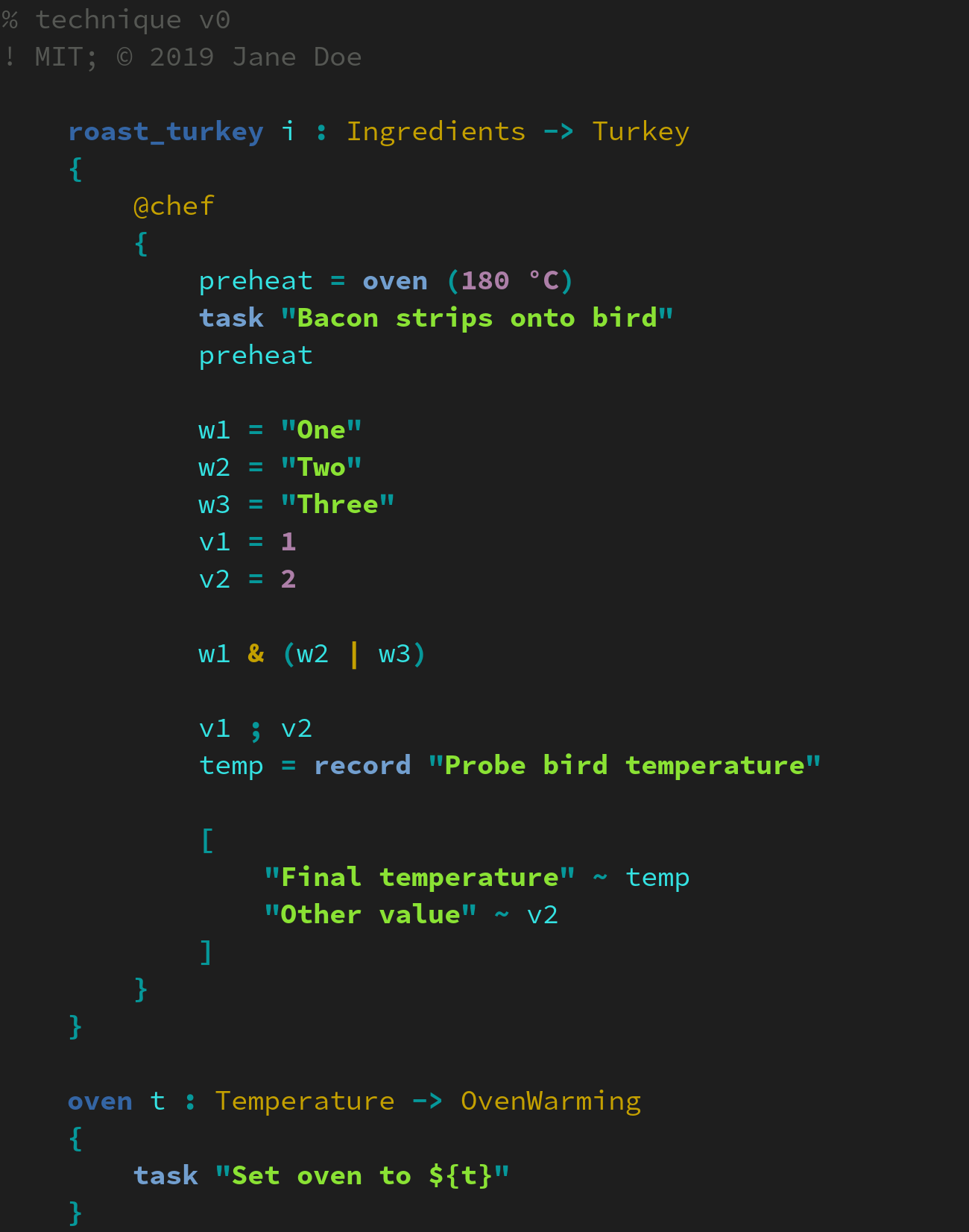 Output from the now-abandoned Technique v0 code formatter and syntax highlighter, circa 2019