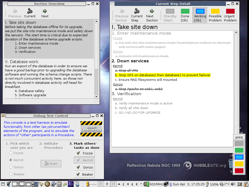 Screenshot of the original xseq application working through a procedure, circa 2007